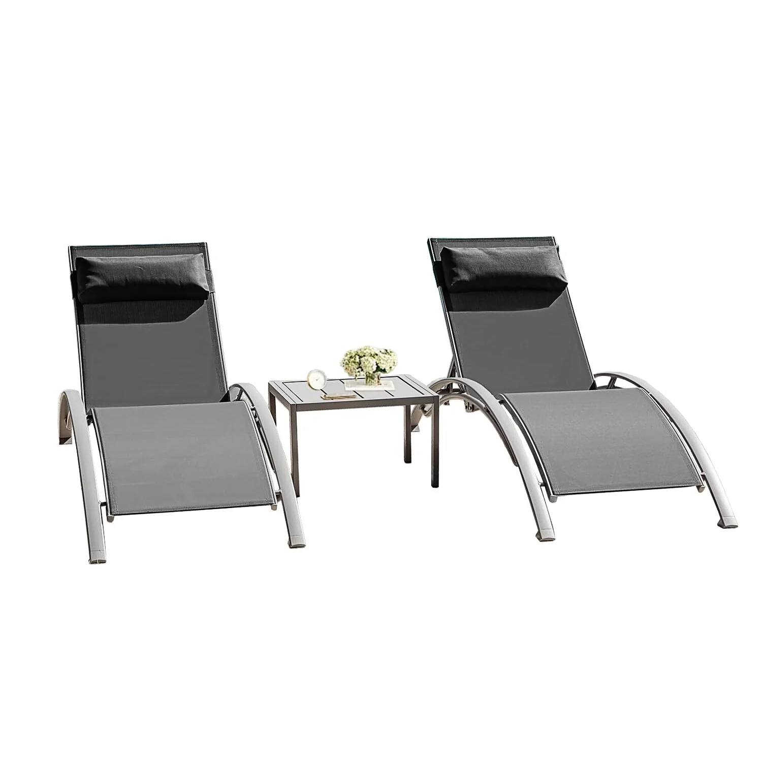 Pool Lounge Chairs Set of 3(2 Lounge Chairs+1 Table),constructed with weather-resistant powder-coated finish aluminum frame
