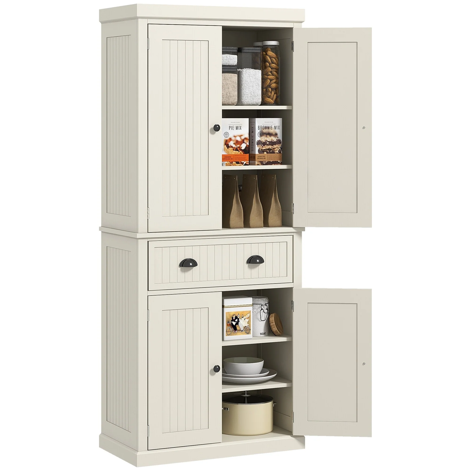 Traditional Tall Storage Cabinet with 4 Doors, Drawer and 3 Adjustable Shelves