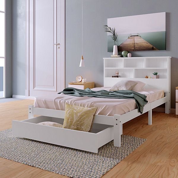 Lit avec rangement 90x200 cm - Lit simple avec tiroirs et tête de lit - Pin massif   MDF - Sans Matelas - Blanc