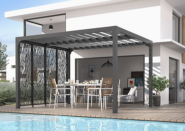 Côté moucharabieh acier gris 3 m pour pergola bioclimatique Habrita PER3630BI et PER2430BI