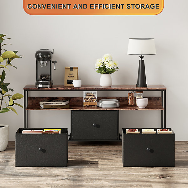 Meuble TV 108 cm avec 3 tiroirs, étagères, cadre métal, rectangulaire, style industriel vintage, bois, salon, noir