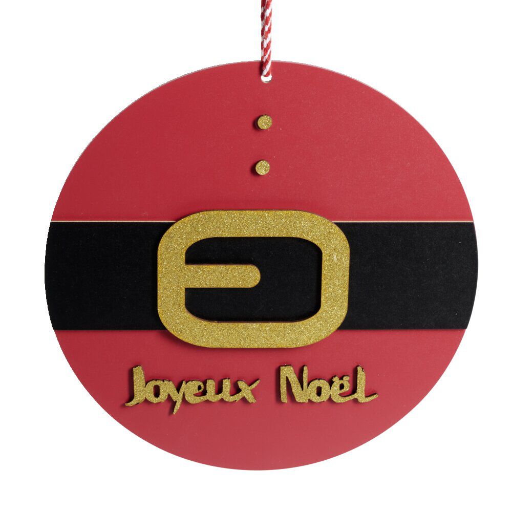 Pancarte Joyeux No&euml;l en bois ceinture rouge et noire Ø30cm