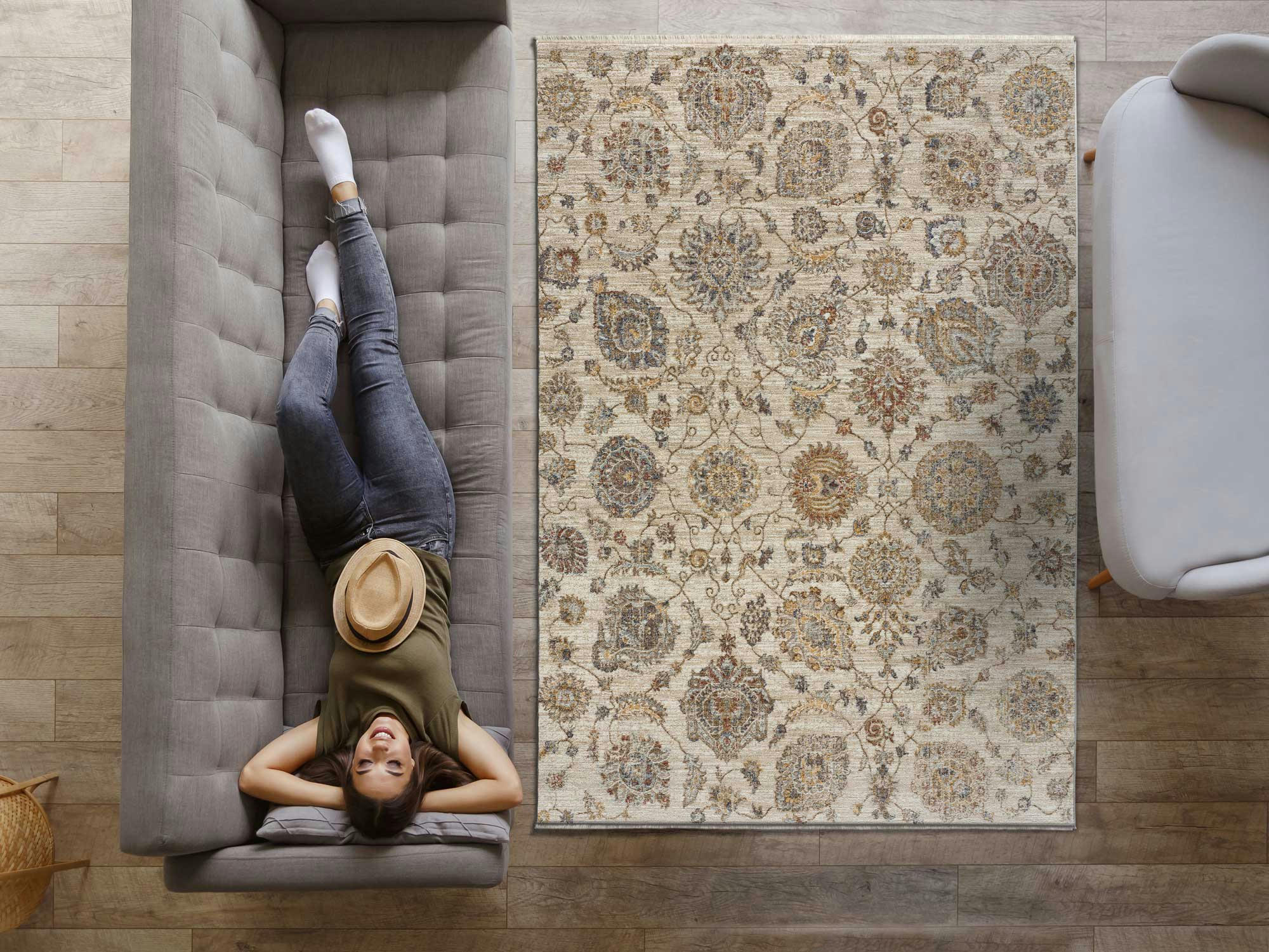 SAMARKAND - Tapis vintage avec finition frangée en couleurs terreuses, 133X190 cm