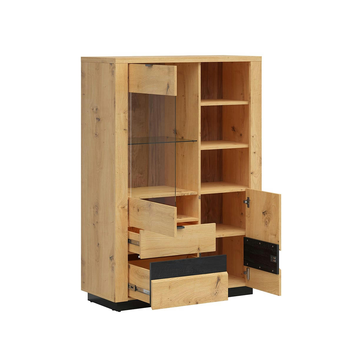 - Vaisselier 2 portes 2 tiroirs avec led naturel et noir