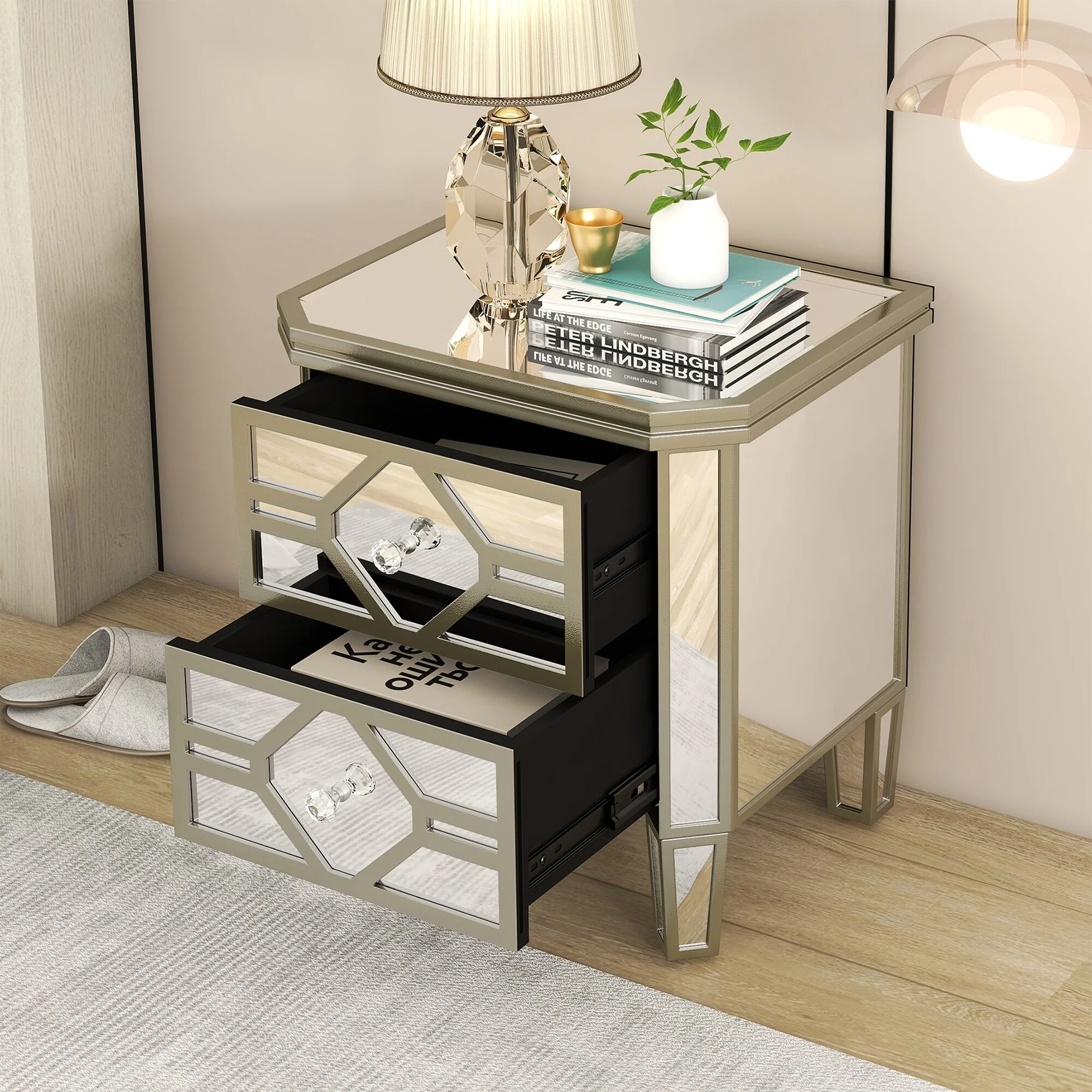 Elegant Mirrored 2-Drawer Bachelors Chest Side Table with Golden Lines for Bedroom,Living Room