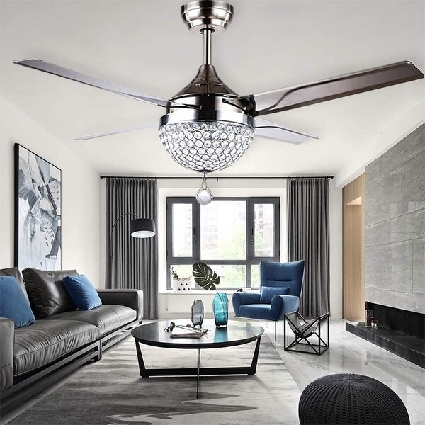44inch Crystal Ceiling Fan Light with Remote Control 4 Stainless Steel Blades Modern Chandeliers - as picture
