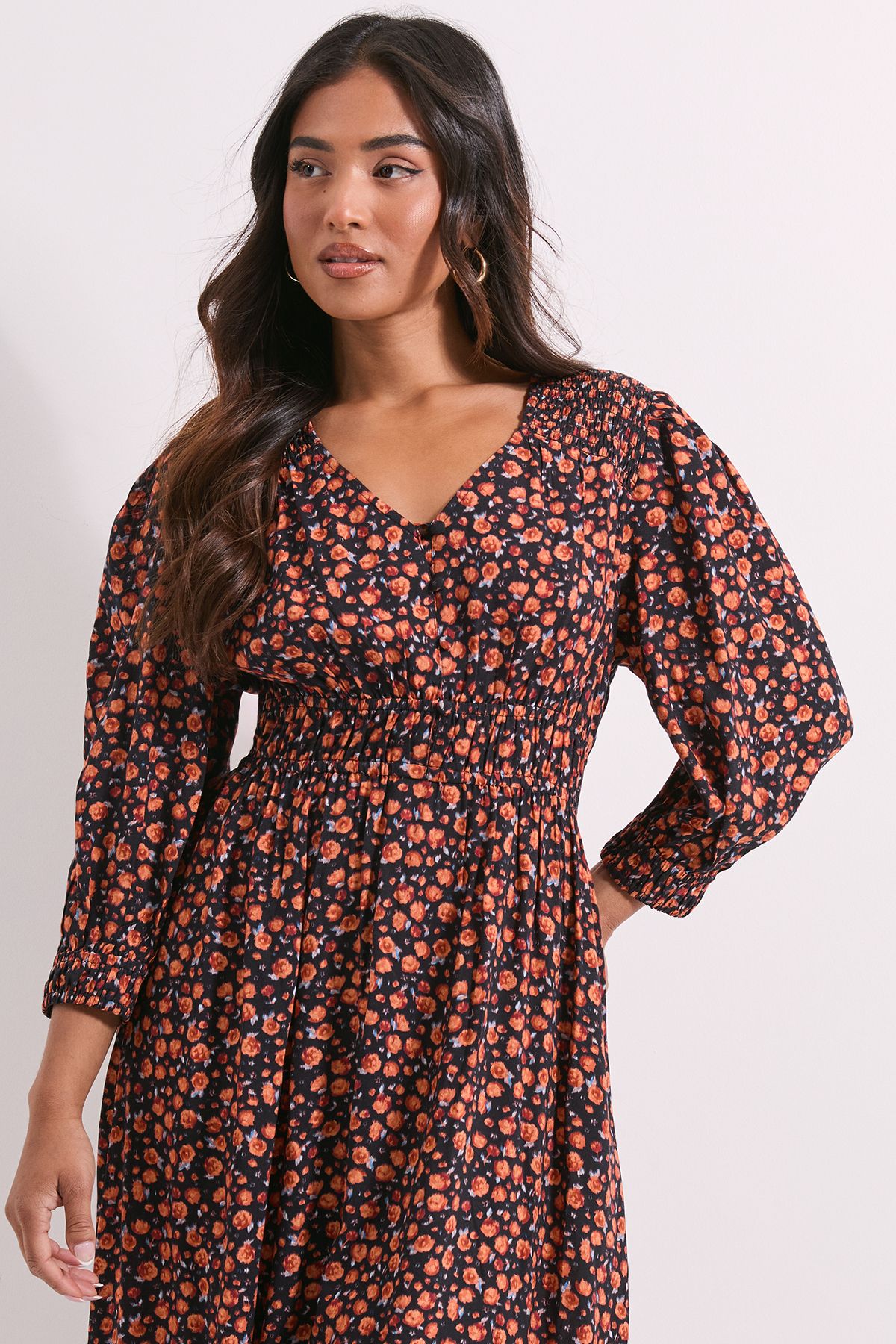 Dorothy Perkins Petite Shirred Detail Blouson Sleeve Midi Dress