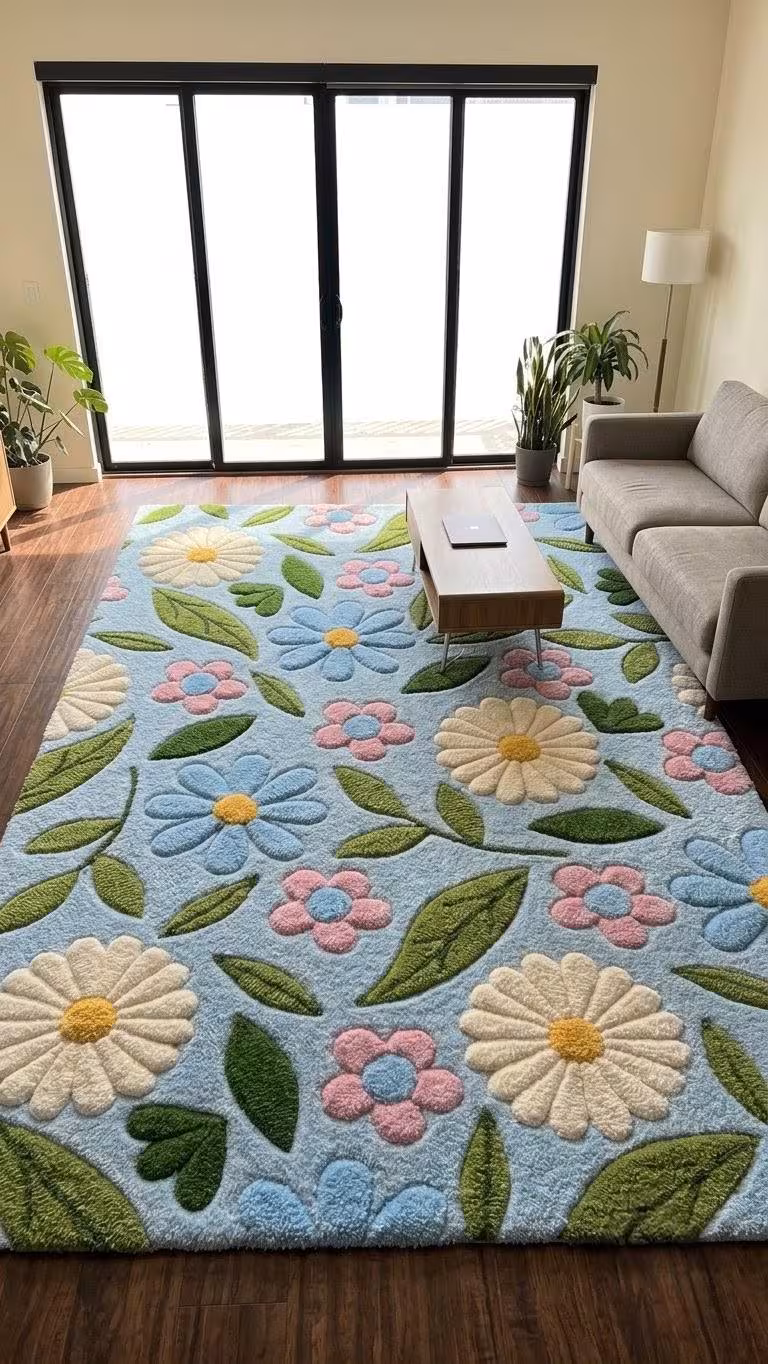 Floral Wool Rug, Blue Flower Area Rug, Handmade Botanical Carpet, Cottagecore Rug, Daisy Rug, Colorful Bedroom Living Room Decor