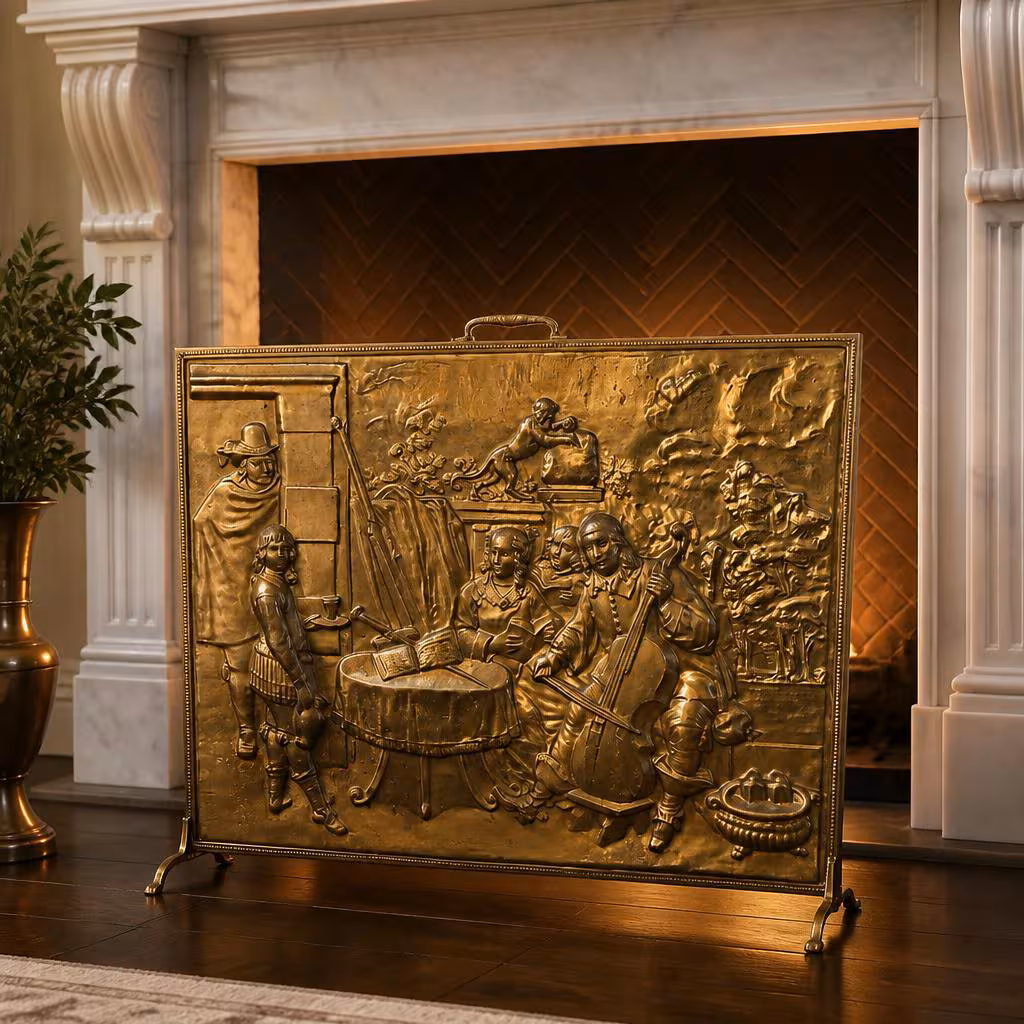 Antique Brass English Scene Fireplace Screen