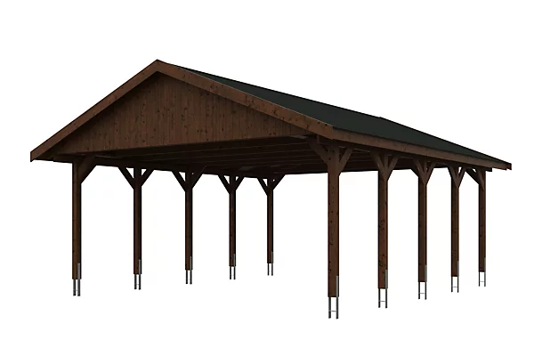 Carport SKAN HOLZ Wallgau 620 x 750 cm, traitement coloré noyer, avec bardeaux noirs