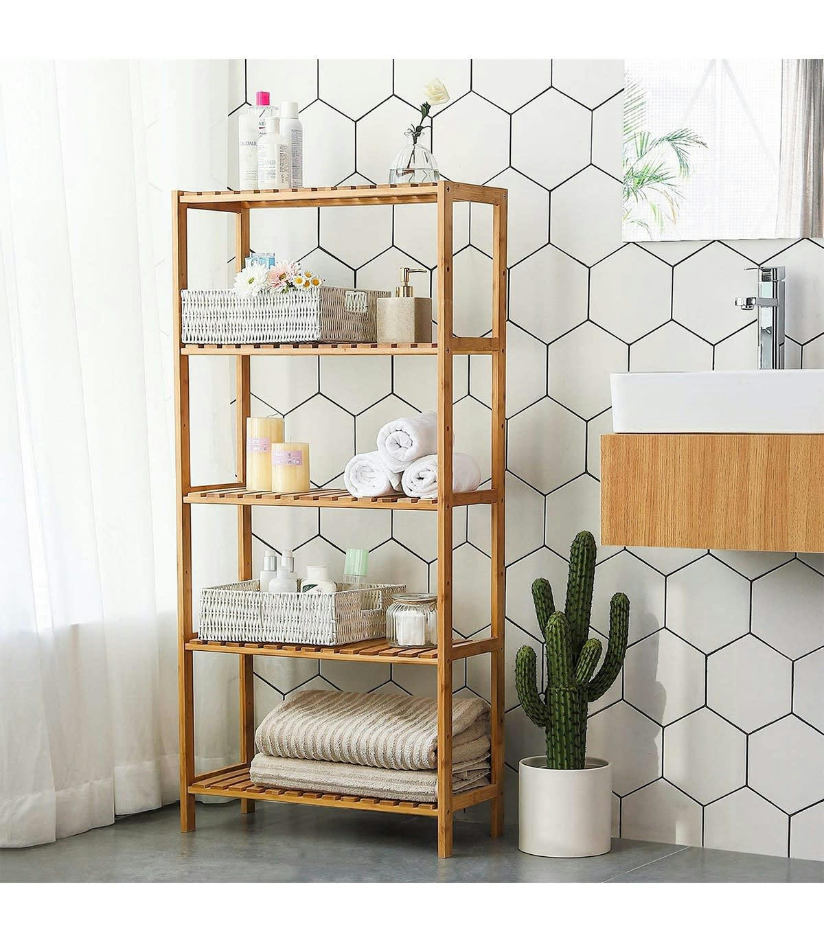 - Étagère Bambou 5 Niveaux avec hauteurs réglables - L60 cm - Marron