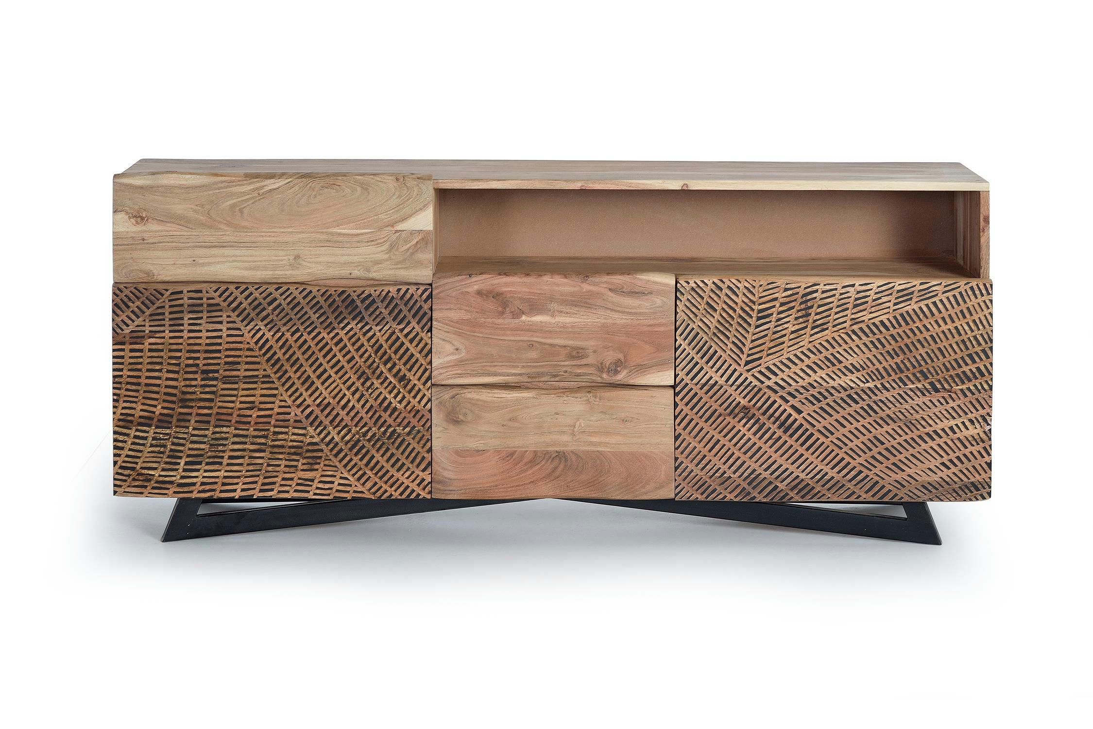 - Buffet en bois d'acacia, pieds en métal naturel et noir