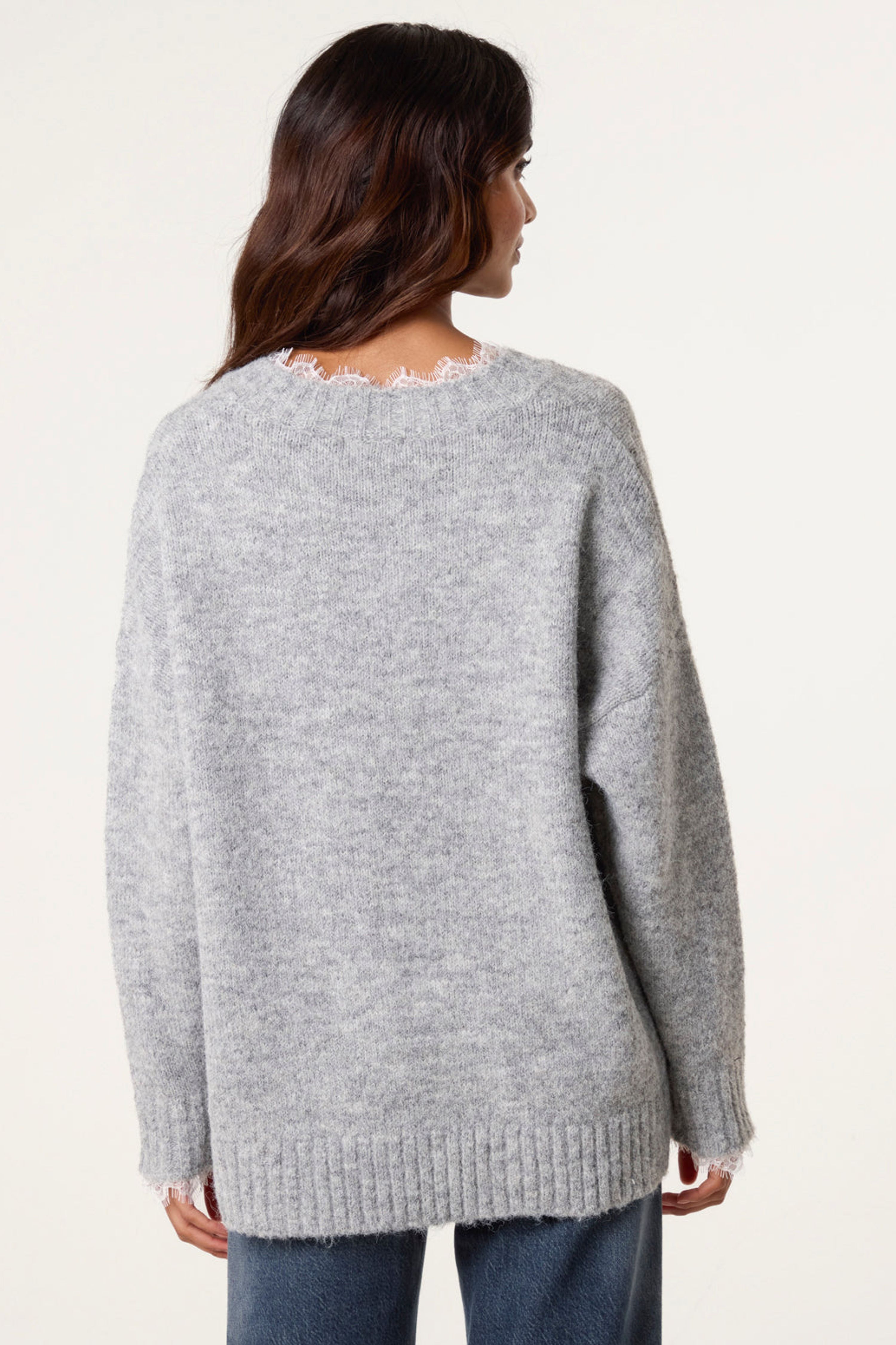 Blue Vanilla Grey Lace Trim V Neck Jumper