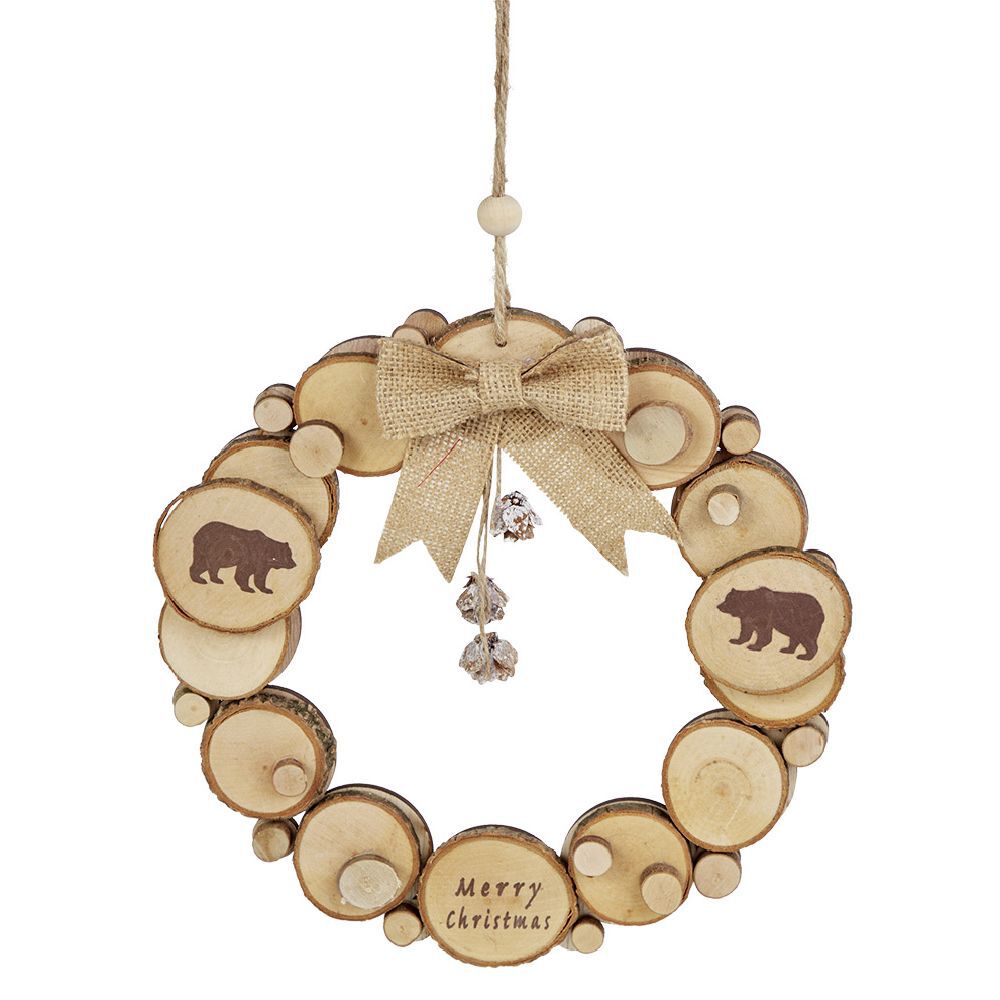 Couronne à suspendre Merry Christmas rondin de bois