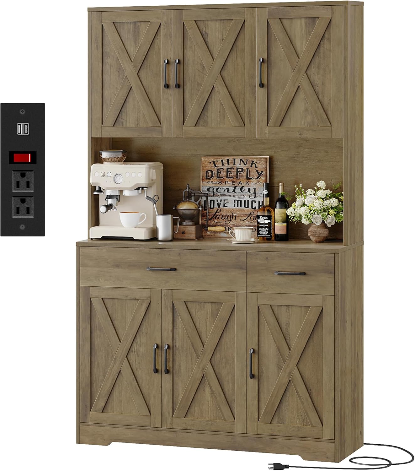 HOSTACK 71 Pantry Cabinet with Charging Station, Tall Kitchen Pantry Storage Cabinet with Microwave Stand, Farmhouse Kitchen Hutch with Storage Drawers for Living Room, Dining Room, Rustic Brown