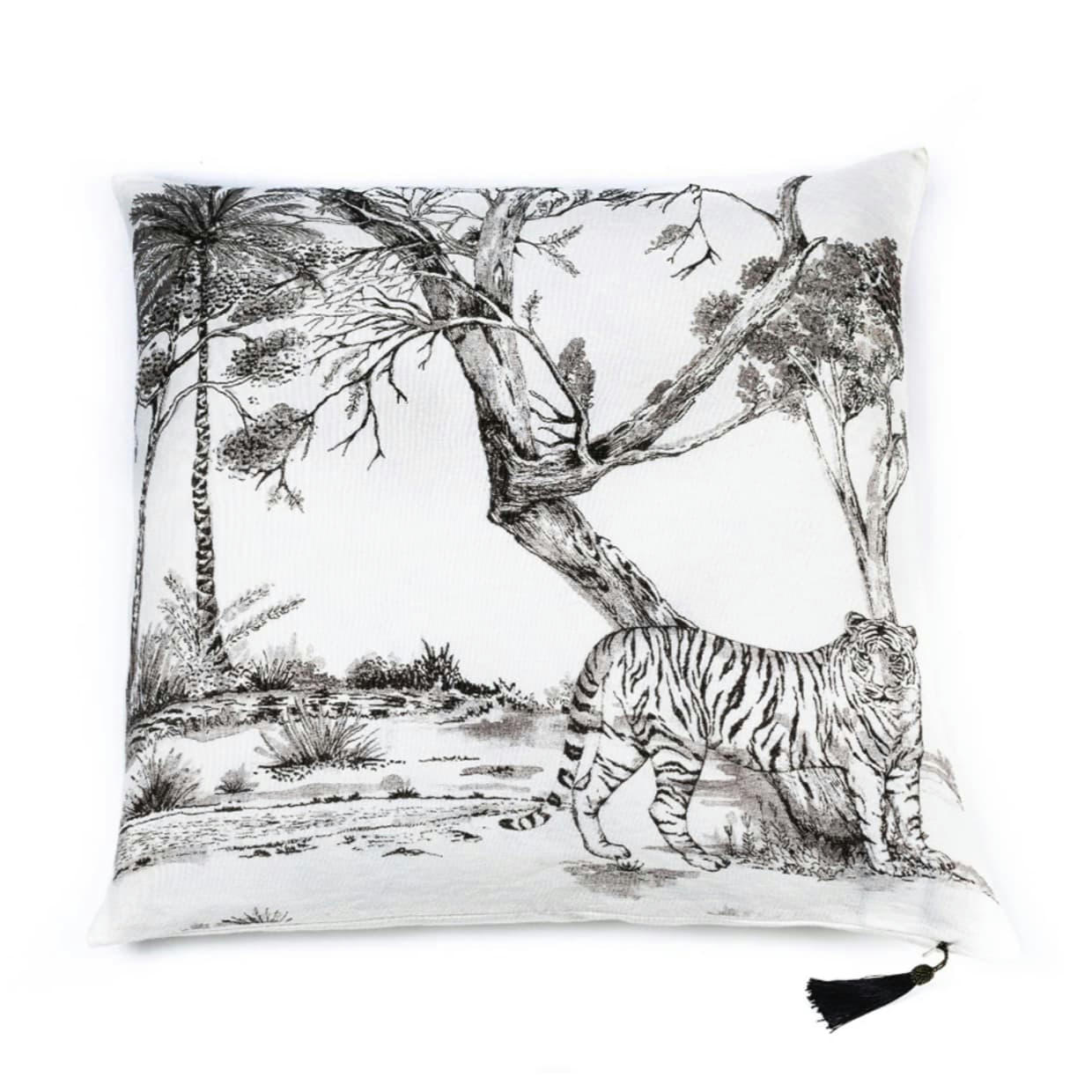 ORIENT EXPRESS - Coussin en lin pur lavé Toile de Jouy Blanc noir 65x65