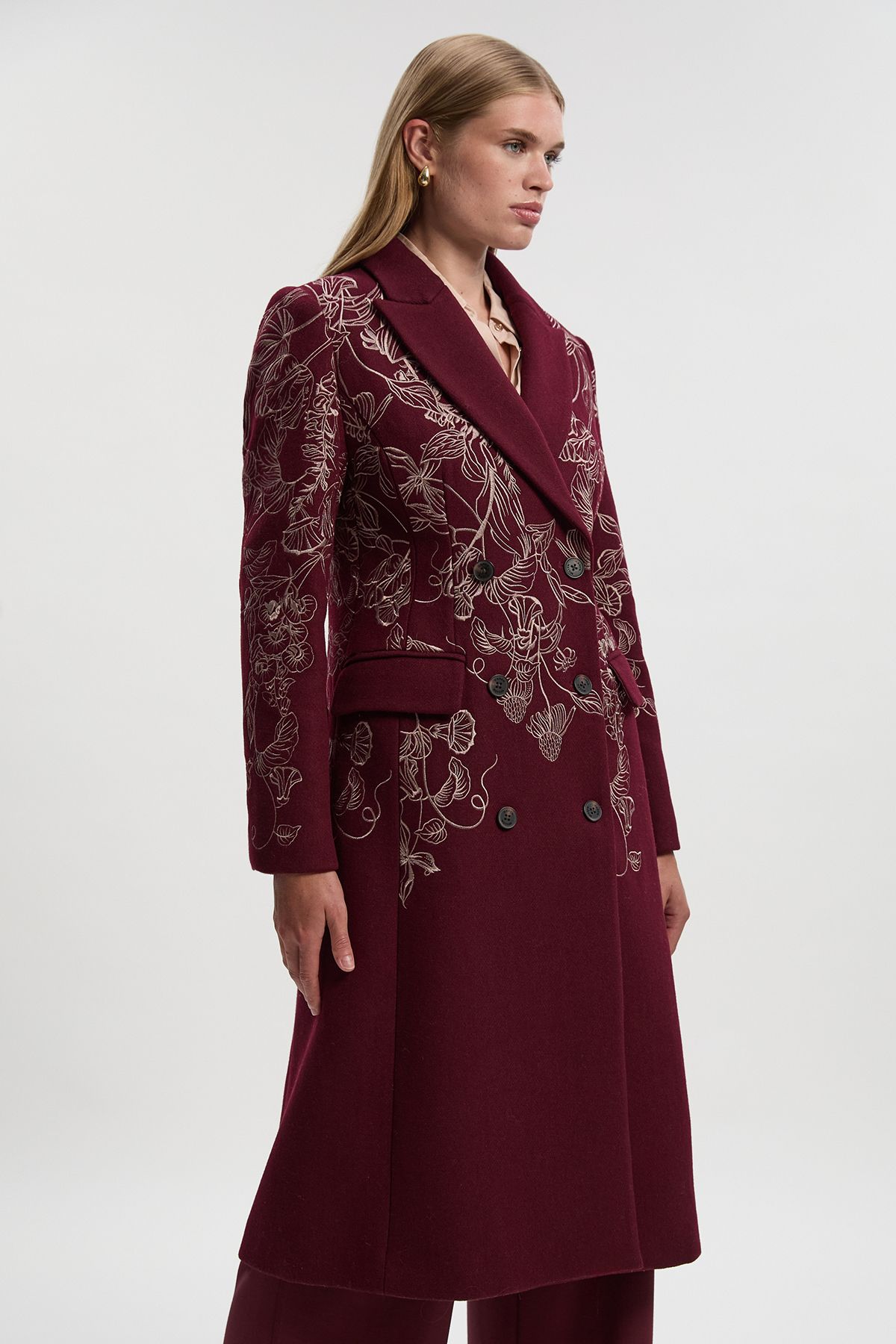 KarenMillen Wool Floral Embroidered Double Breasted Coat