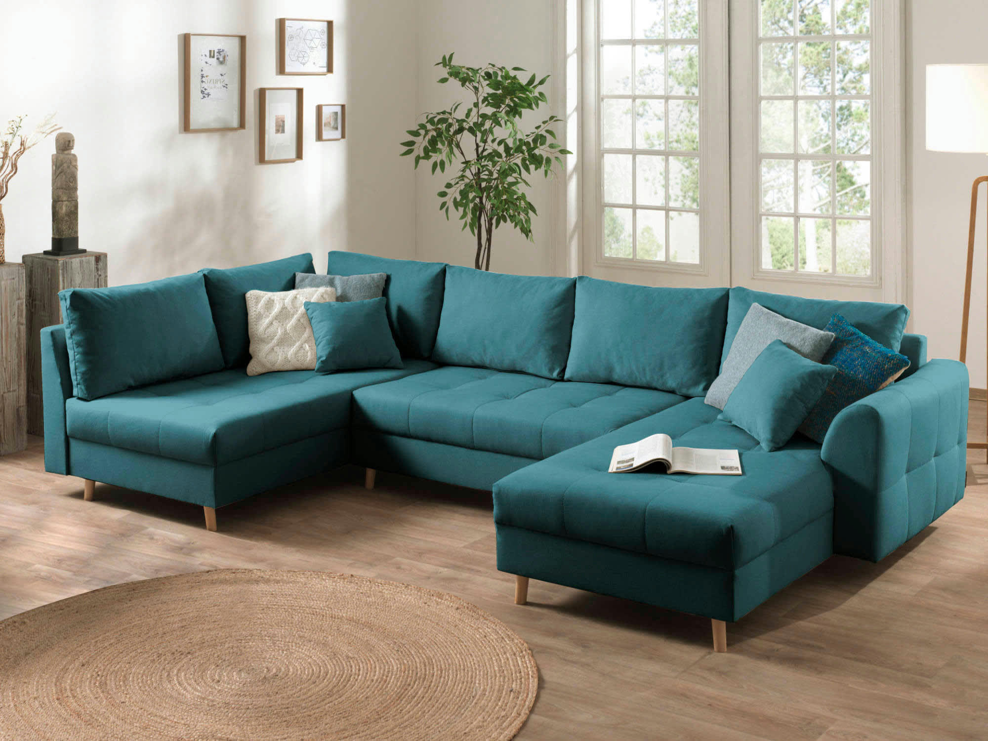 RUNE - Canapé panoramique 7 places angle gauche en tissu bleu canard