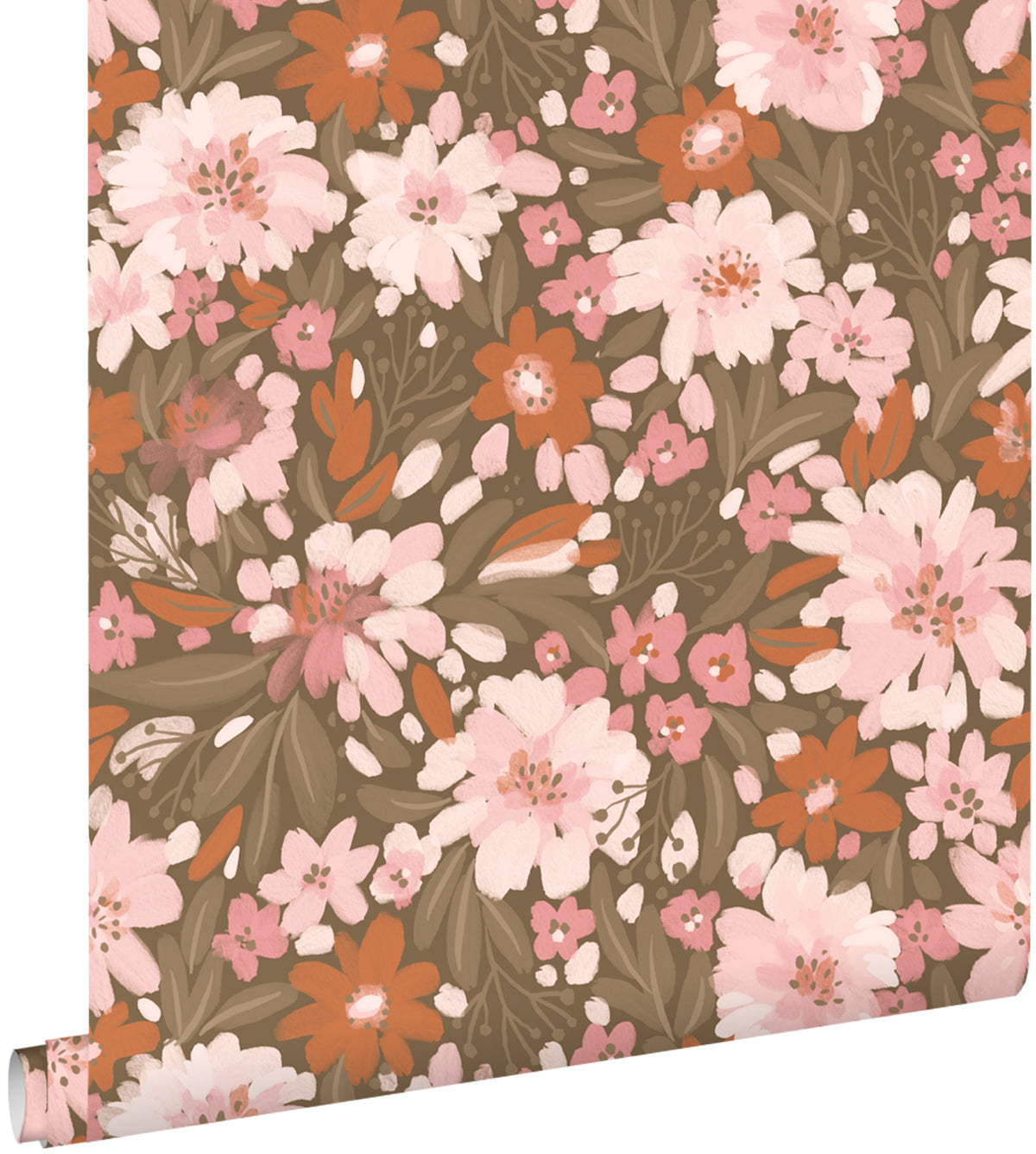 ESTAhome behang bloemen licht roze, terracotta en vergrijsd groen - 50 x 900 cm - 130926