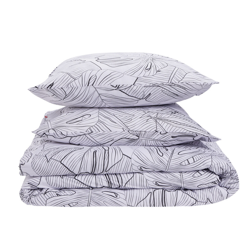 Parure de lit 2 personnes 240x220cm coton motif feuillage blanc et noir