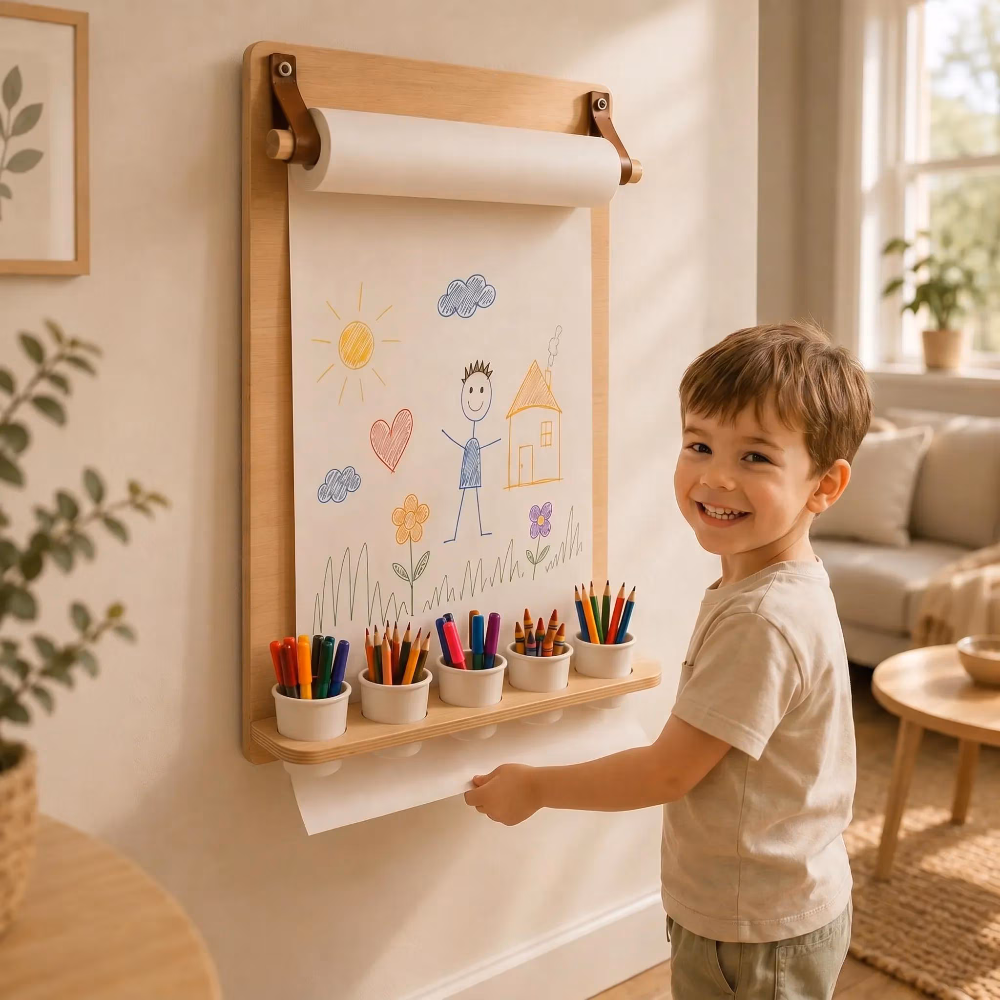 Wall Mounted Drawing Board for Children with Storage and Paper Dispenser