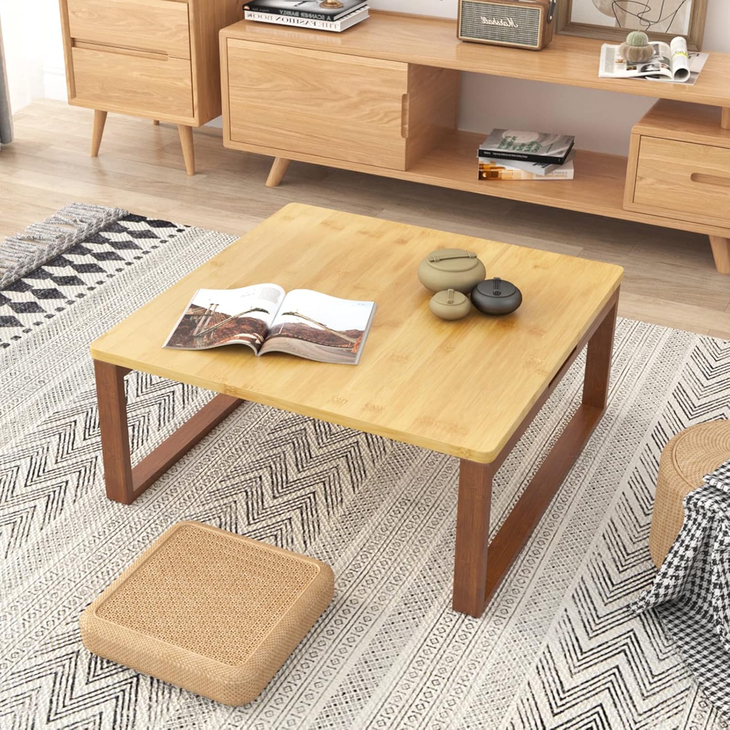 soges Small Foldable Coffee Table, Wooden Low Table for Sitting on The Floor, Bamboo Floor Desk, Japanese Dining Table, Tatami Table for Living Room Bedroom, 60HSLZCT03BB