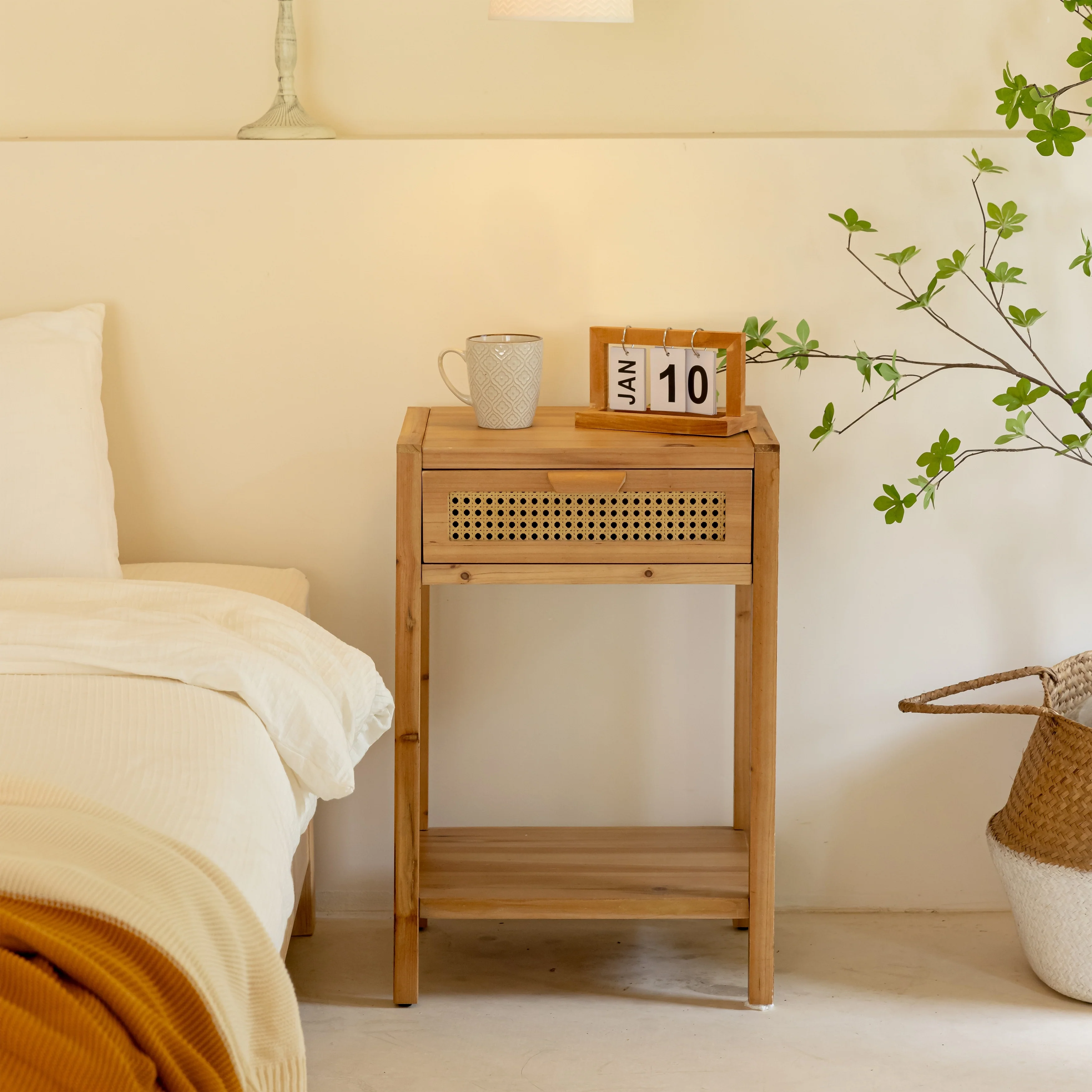 COZAYH Modern Minimalism Nightstand with Woven Pattern Drawer and Shelf Storage