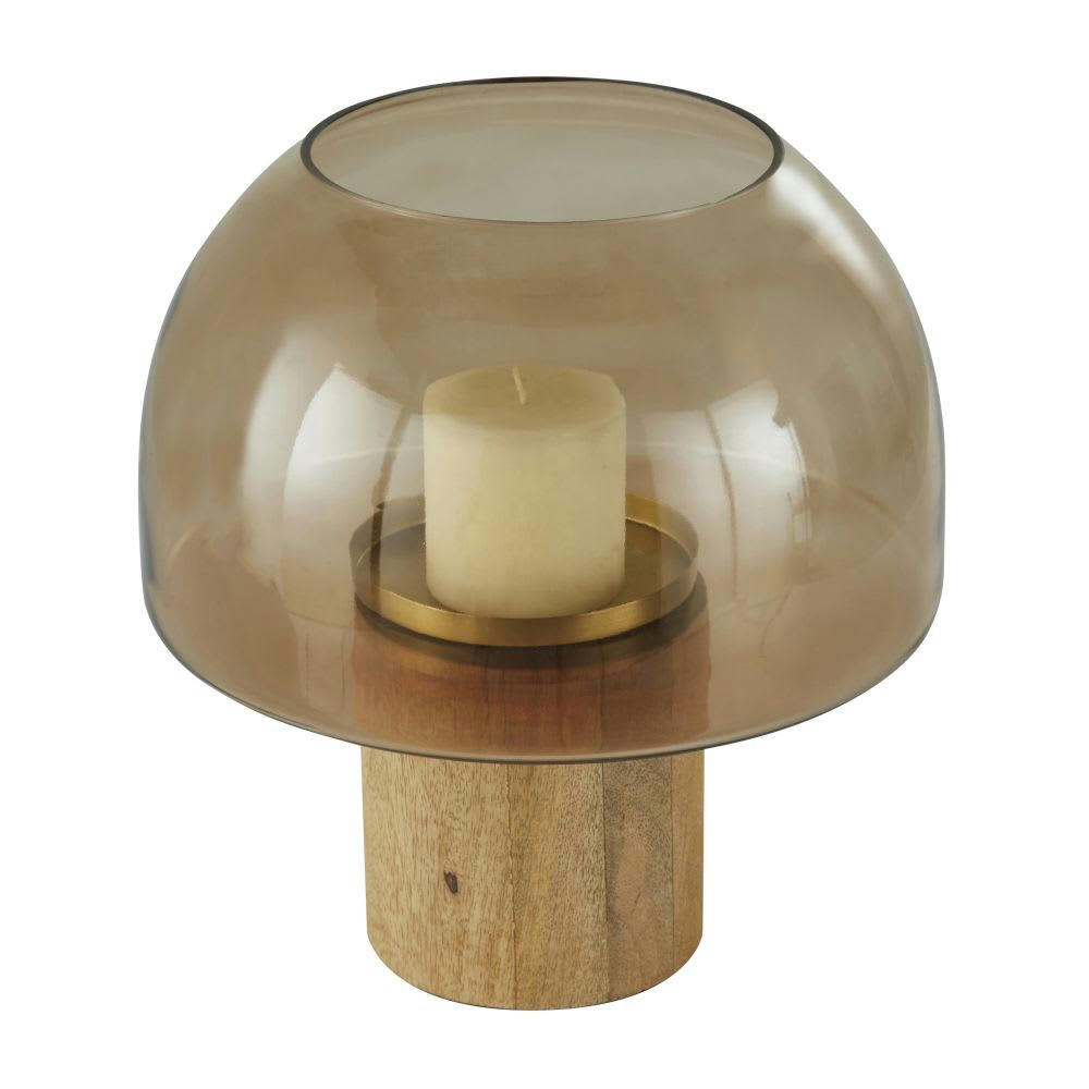 - Photophore en verre fumé marron et socle en bois de manguier