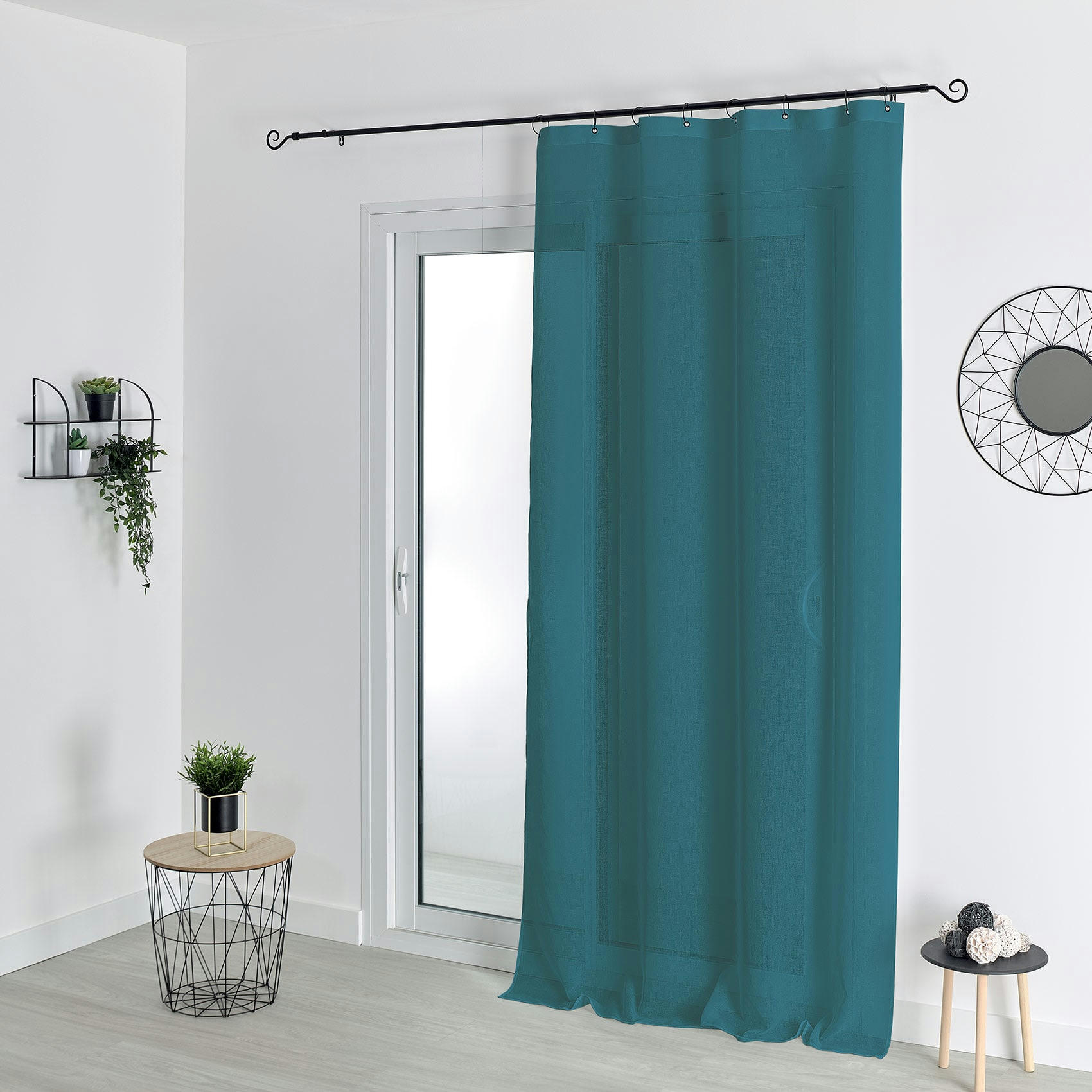 - Voilage à anneaux noirs amovibles polyester bleu paon 140x240 cm