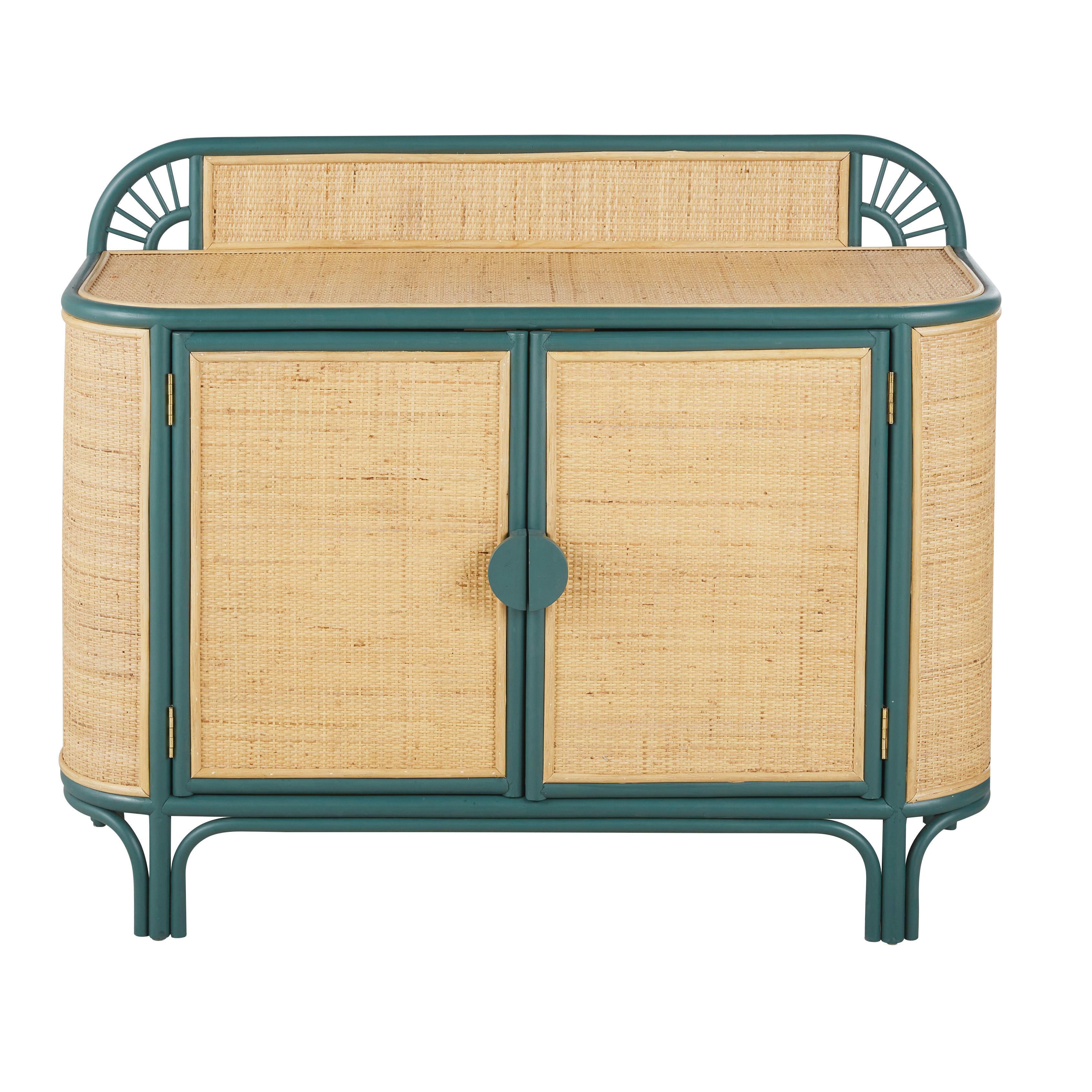 DABALI - Buffet 2 portes vert foncé et rotin tressé