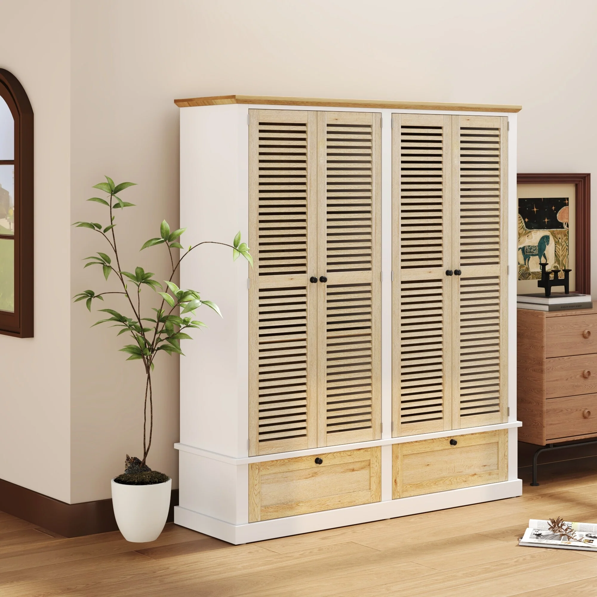 63 Modern Armoire with 4 Storage Shelves, 2 Drawers and 4 Shutter Doors