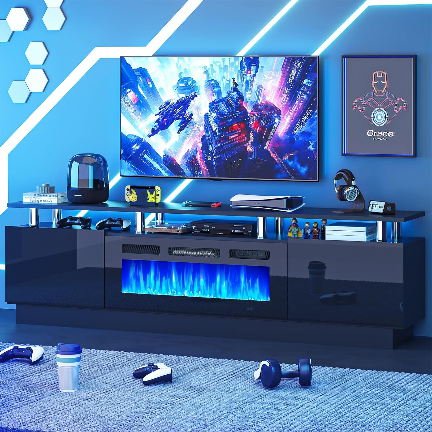 MXV 80 Fireplace TV Stand, Modern Entertainment Center & 36 Inch Electric Fireplace, Remote Control, LED Light, Fire Place Tv Stand for Living Room for TVs up to 90, Black + Black
