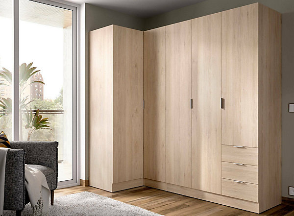 Grande Garde-robe Succiso, Armoire d'angle pour chambre à coucher, Armoire d'angle avec 5 portes battantes, 214x91h184 cm, Chêne