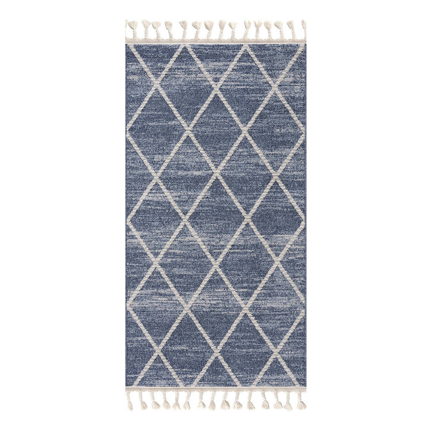 FLÄT - Tapis géométrique à franges tressées bleu et crème 80x300cm