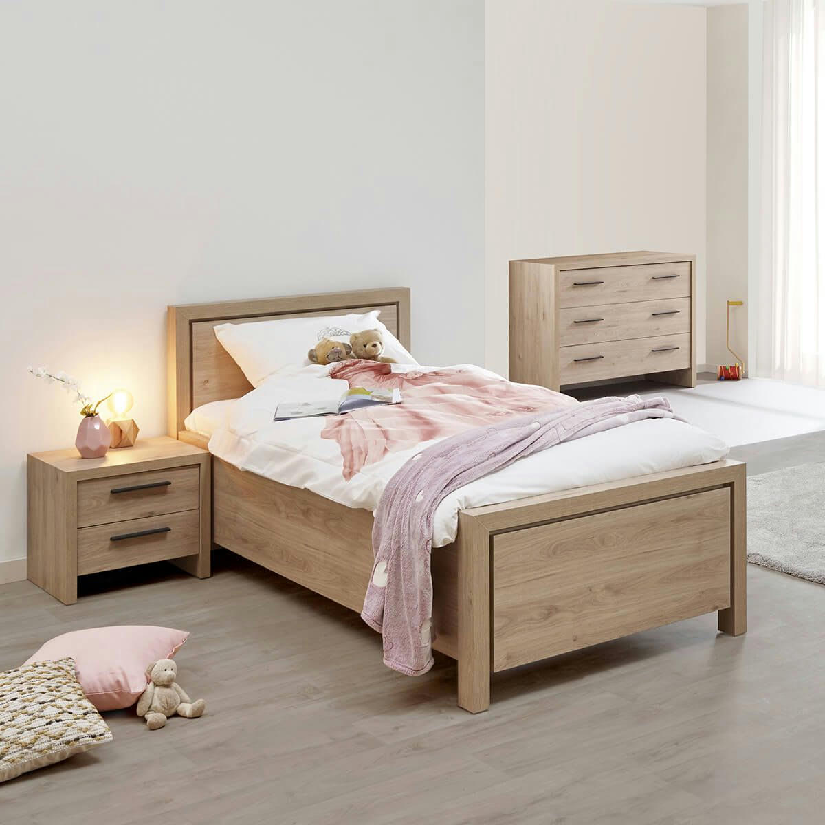 LETTY - Lit  90x190cm avec tête de aspect bois clair