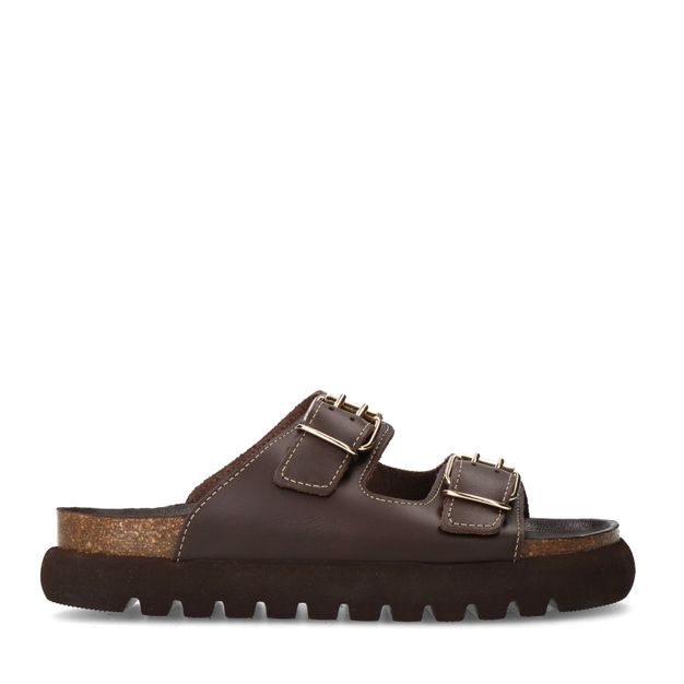 Donkerbruine leren slippers met goudkleurige buckles