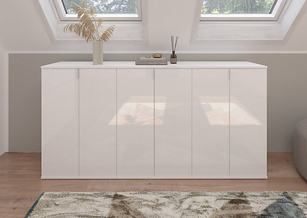 Kai - Commode (L/H/P : 30x99x34 cm) en imitation blanc et blanc brillant