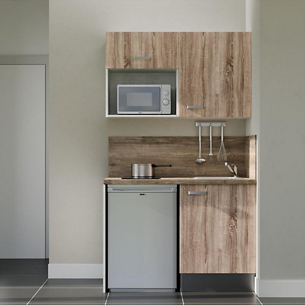Kitchenette K07 façades Bois - Plan de travail Bois - Crédences : Oui - Evier inox - Electroménager Inox inclus