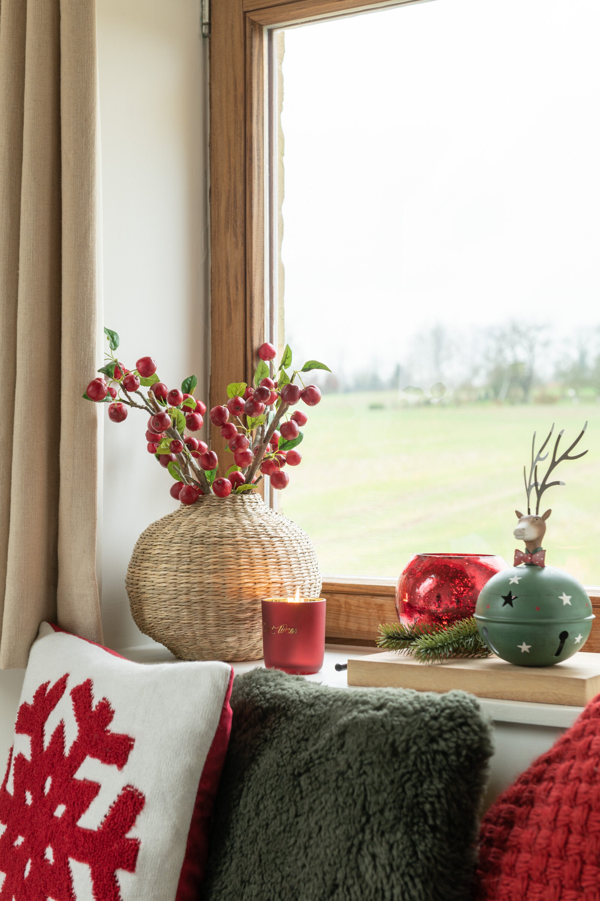 J-Line decoratie tak Bessen Dik - kunststof - rood groen - s
