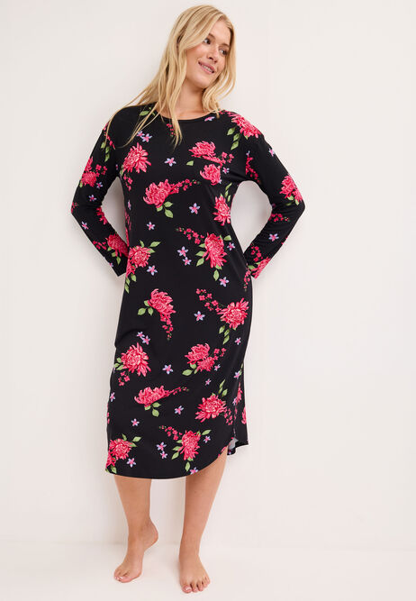 Womens Black Floral Long Nightdress