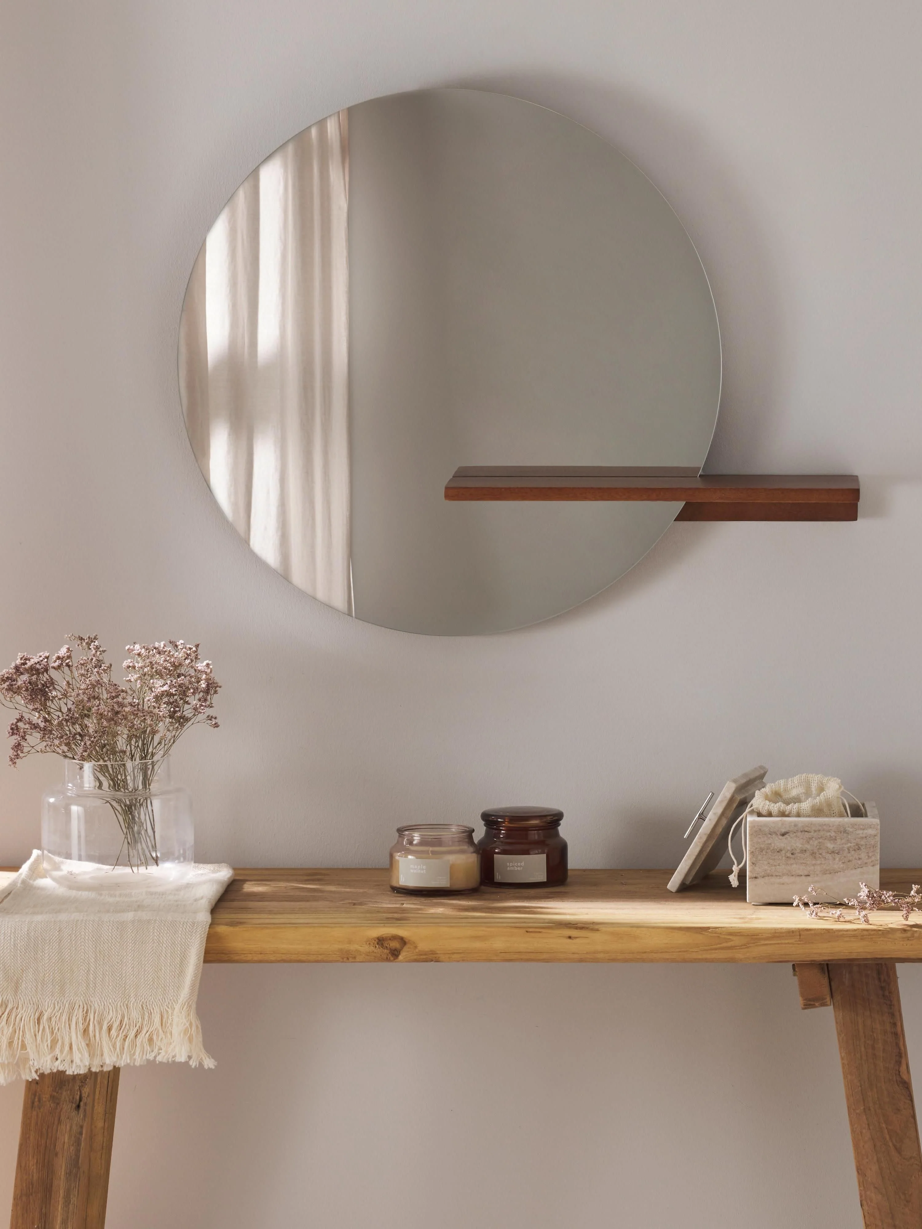Runder Wandspiegel Sandro mit Ablage aus Holz