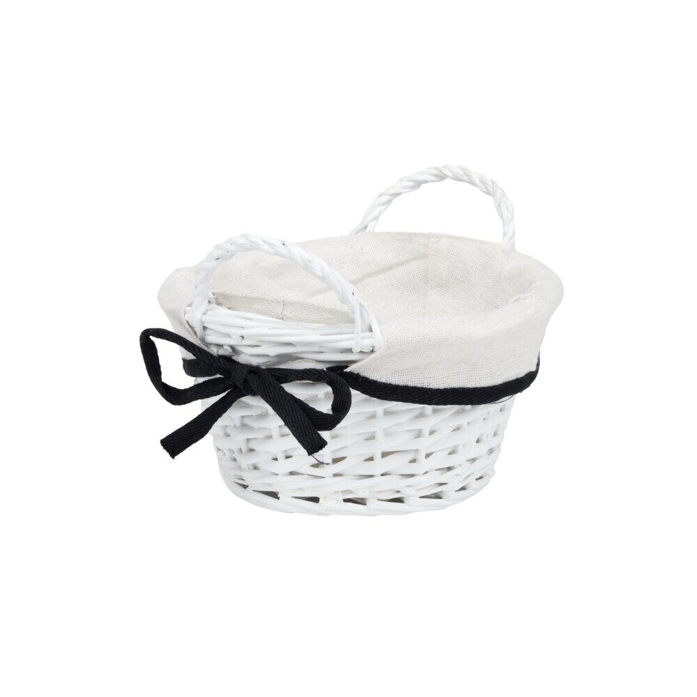 Panière ronde en bois tressé doublure tissu blanc noeud noir Ø20xH10cm