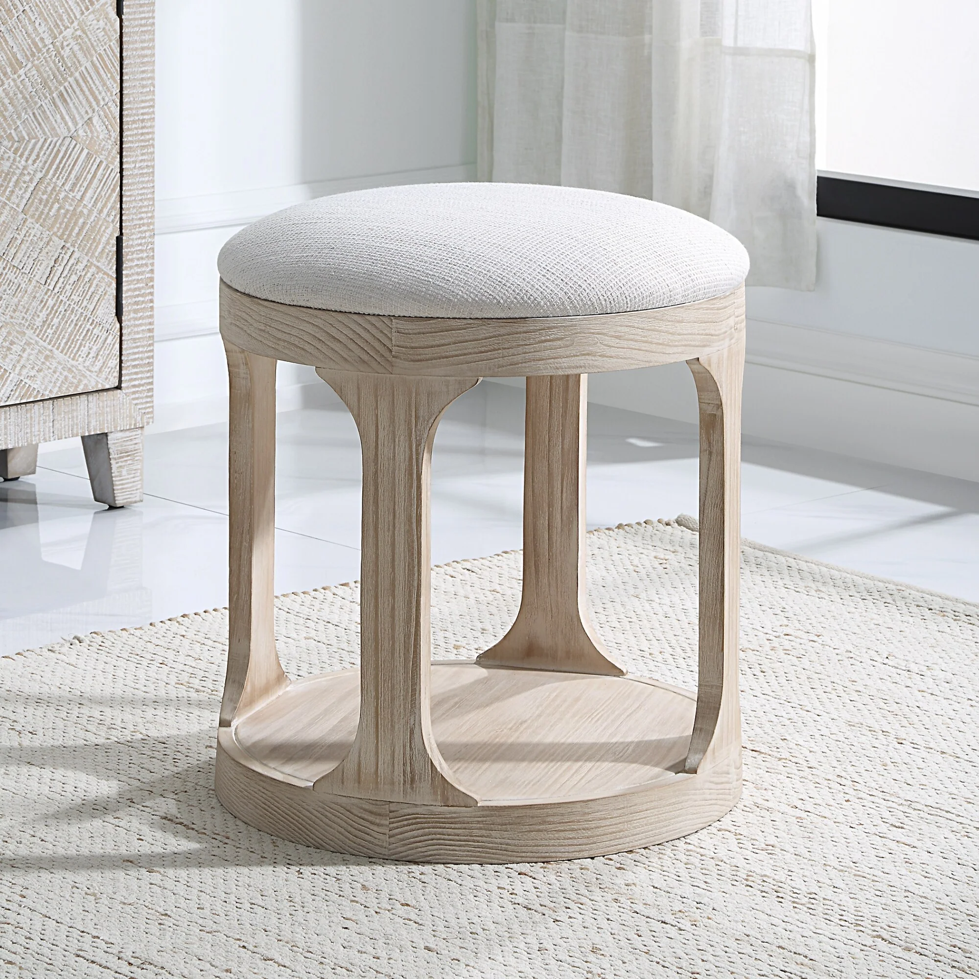 Open Framed Wooden Base Pouf Ottoman - 20.5 - White and Beige