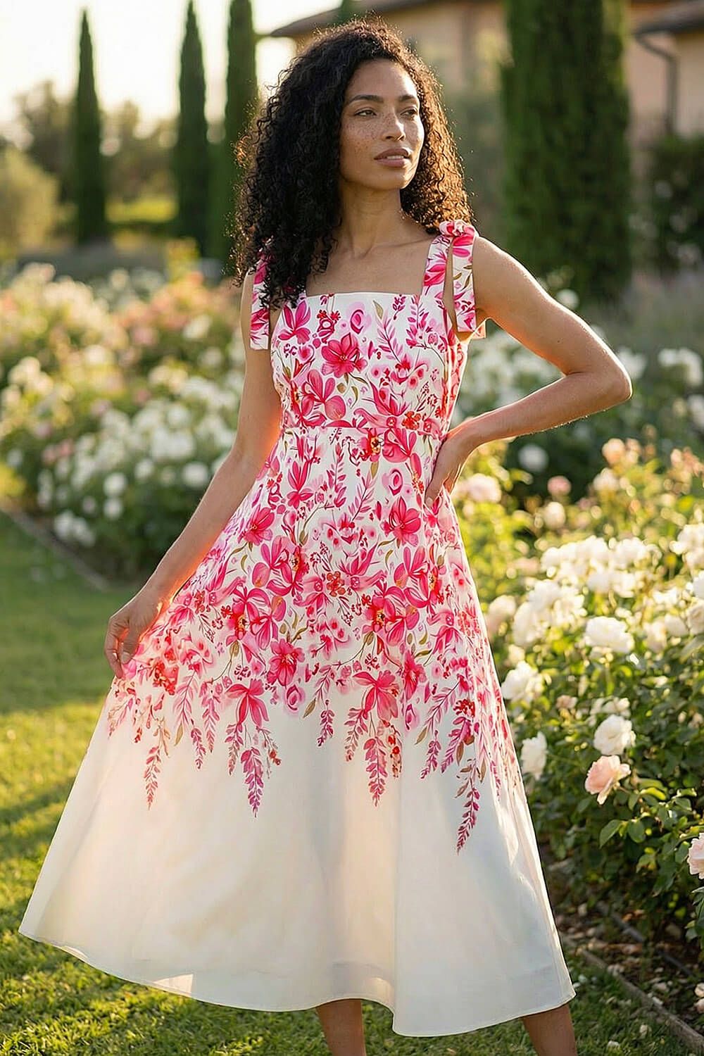 Roman Floral Print Strap Tie Midi Dress