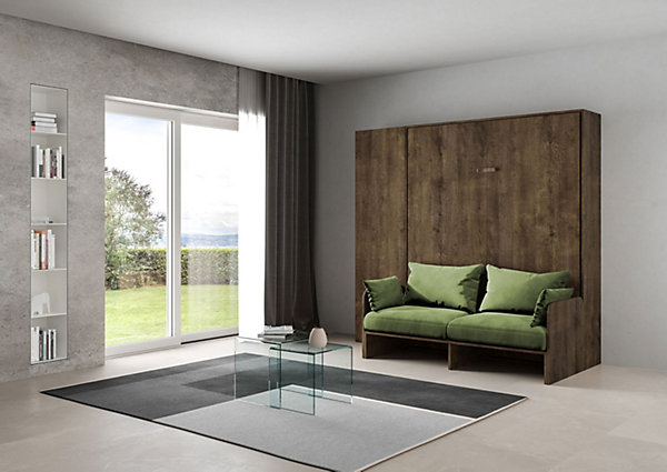 Lit double escamotable Kentaro 160 cm avec canapé et colonne en noyer, vert