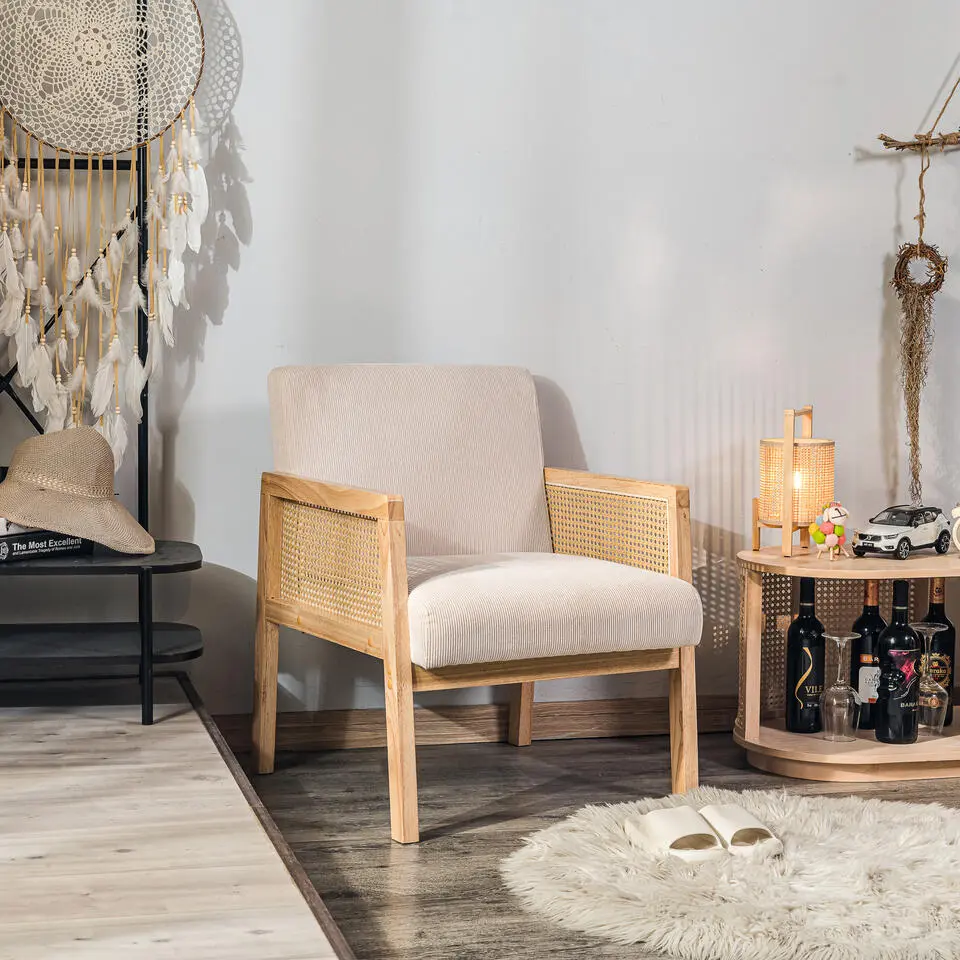 Salonstoel met rieten bekleding en beige fluweel