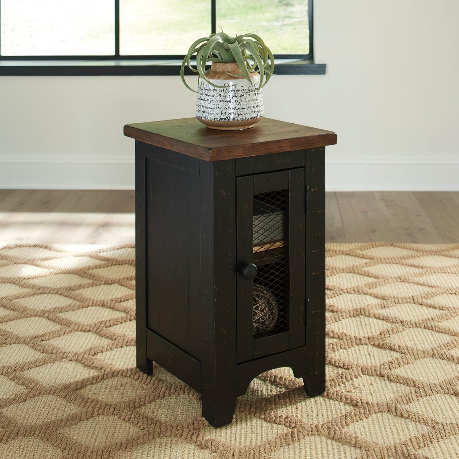 Signature Design by Ashley Valebeck Rustic Farmhouse Chair Side End Table with Cabinet Door, Distressed Black