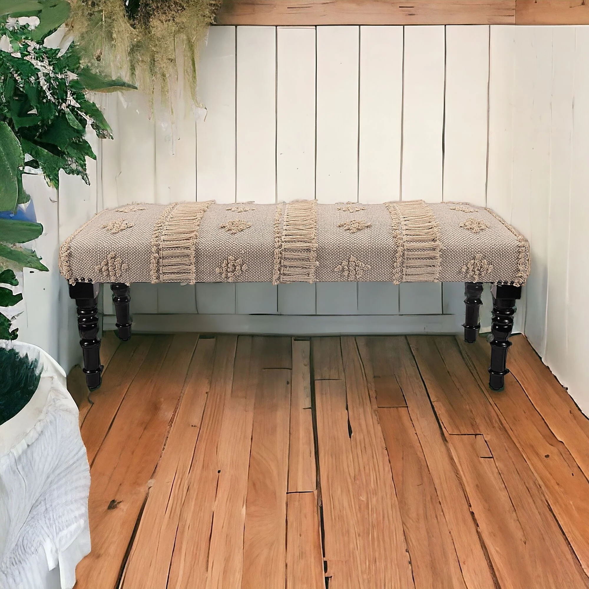 Wood Cream Cotton Upholstered Bedroom Bench Abstract Pattern Nailhead Trim - 16” D x 47” W x 18” H