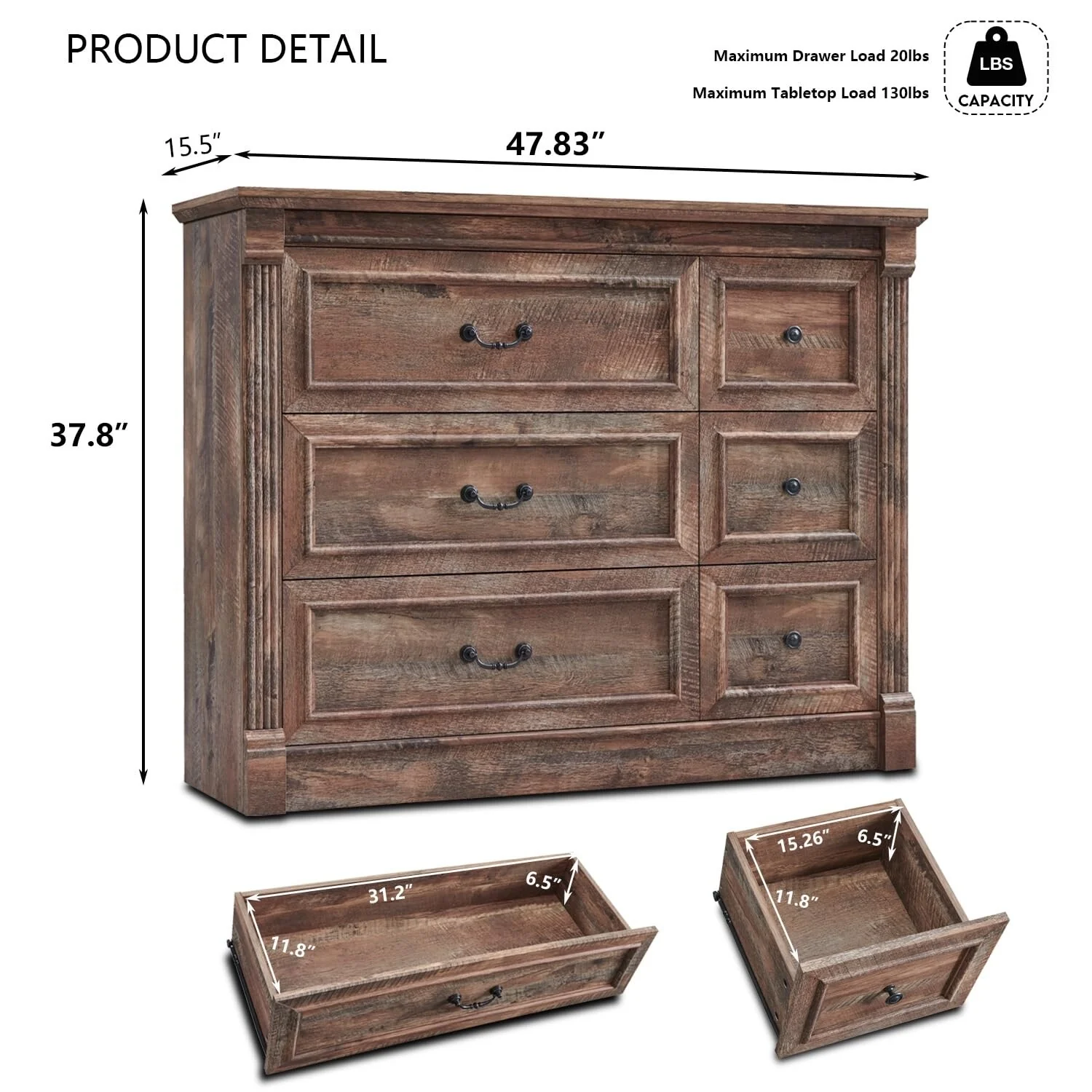 Farmhouse 6-Drawer Dresser - 48 Wide Chest with Roman Columns for Bedroom Storage in Hallway & Living Room