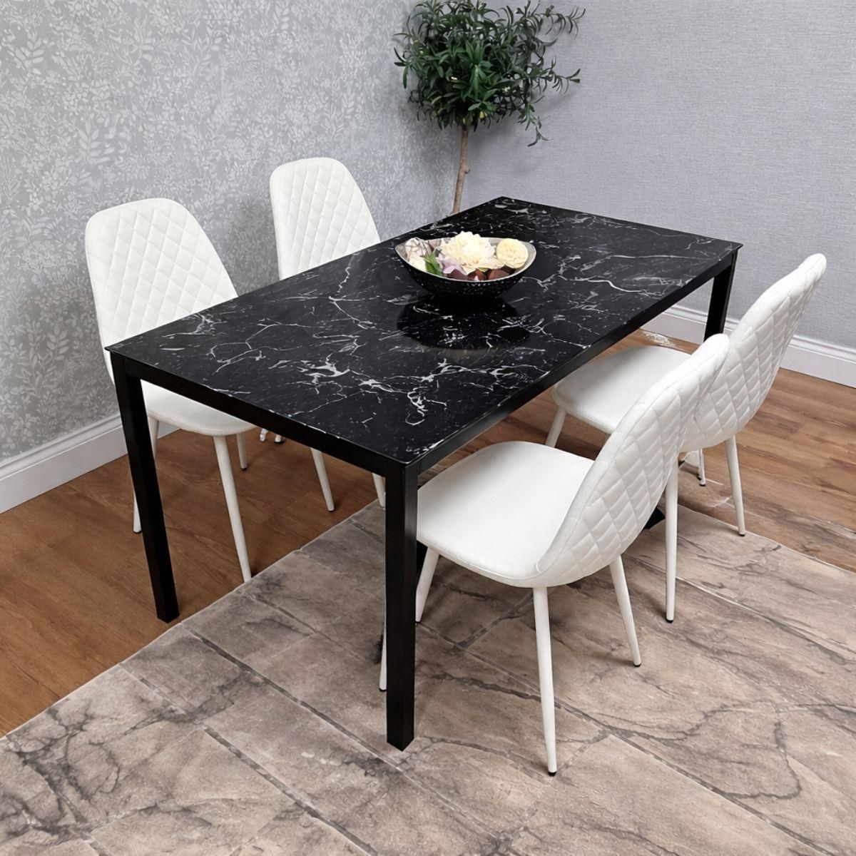 KOSY KOALA Black Marble Effect Dining Table with 4 White Gem Faux Leather Chairs